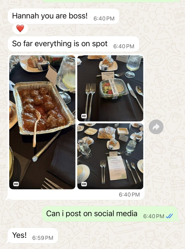 Collage of a formal dinner: left tray of meatballs in sauce, middle shows a salad in a clamshell container, right shows a table setting with utensils and a menu nearby