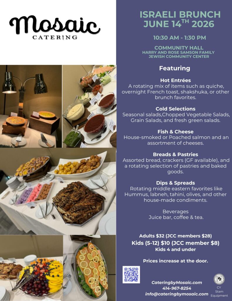 Promotional Mosaic Catering flyer with a food spread on the left and a purple event panel on the right detailing an Israeli Brunch date and menu.